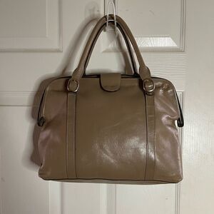 Tano Leather tan frame medium satchel gold tone hardwares .
